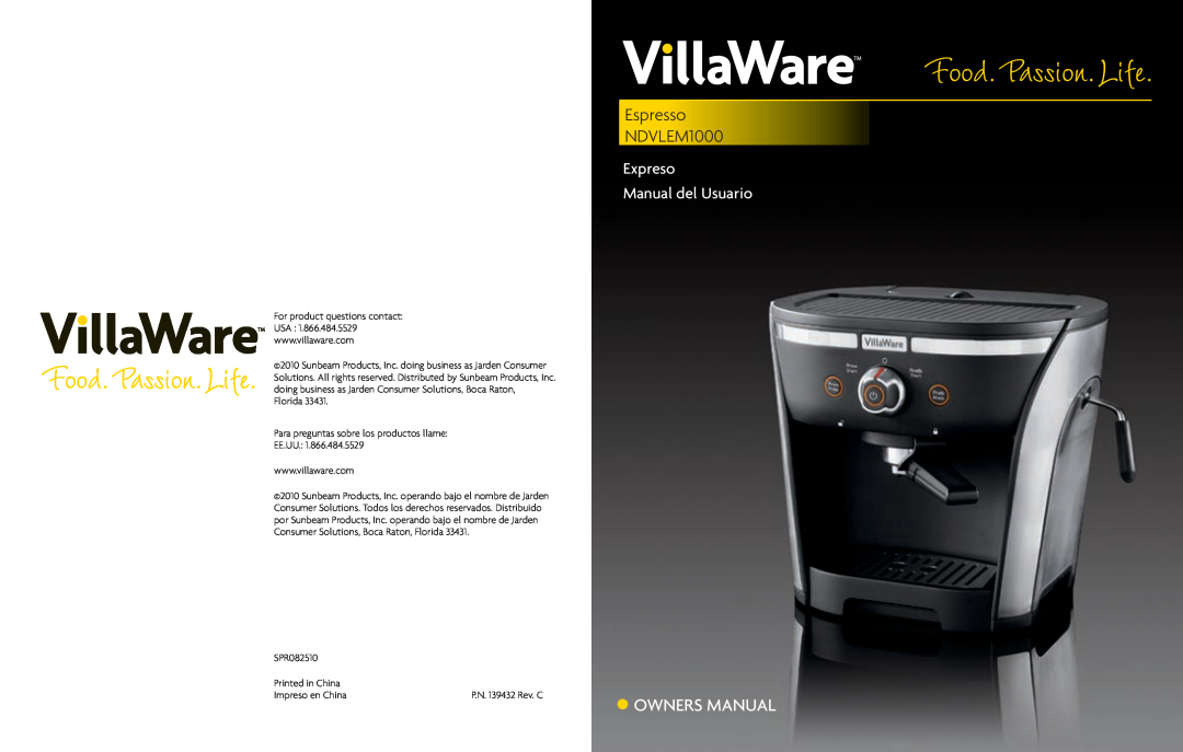 Villaware owner manual Espresso NDVLEM1000, Expreso Manual del Usuario 