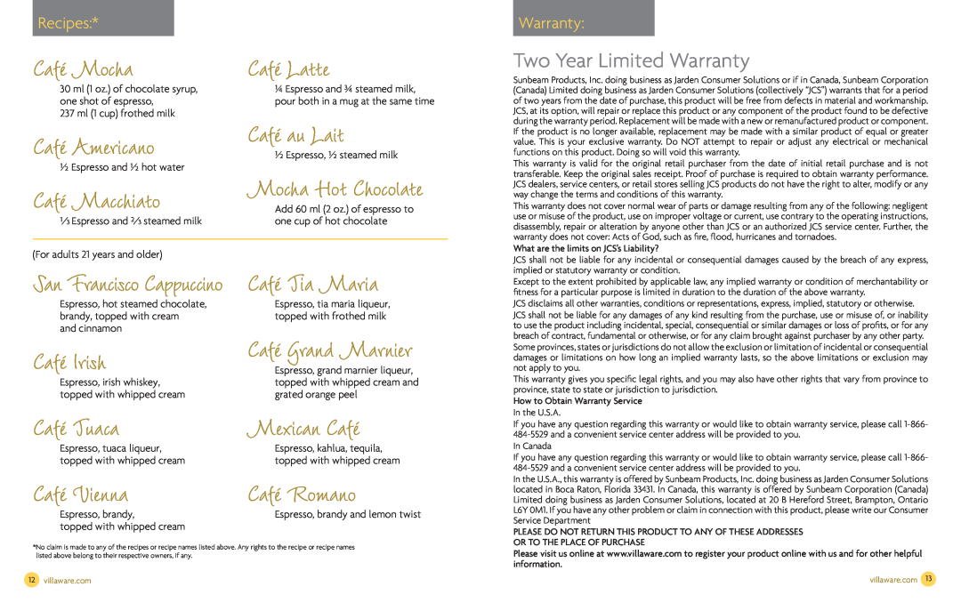 Villaware NDVLEM1000 Café Mocha, Café Latte, Café au Lait, Café Irish, Café Tia Maria, Café Tuaca, Café Vienna, Recipes 