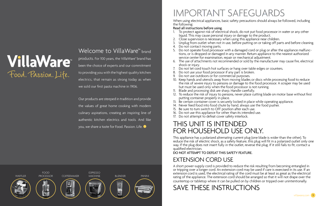 Villaware NDVLFP1000 owner manual Welcome to VillaWare brand, Do not contact moving parts 