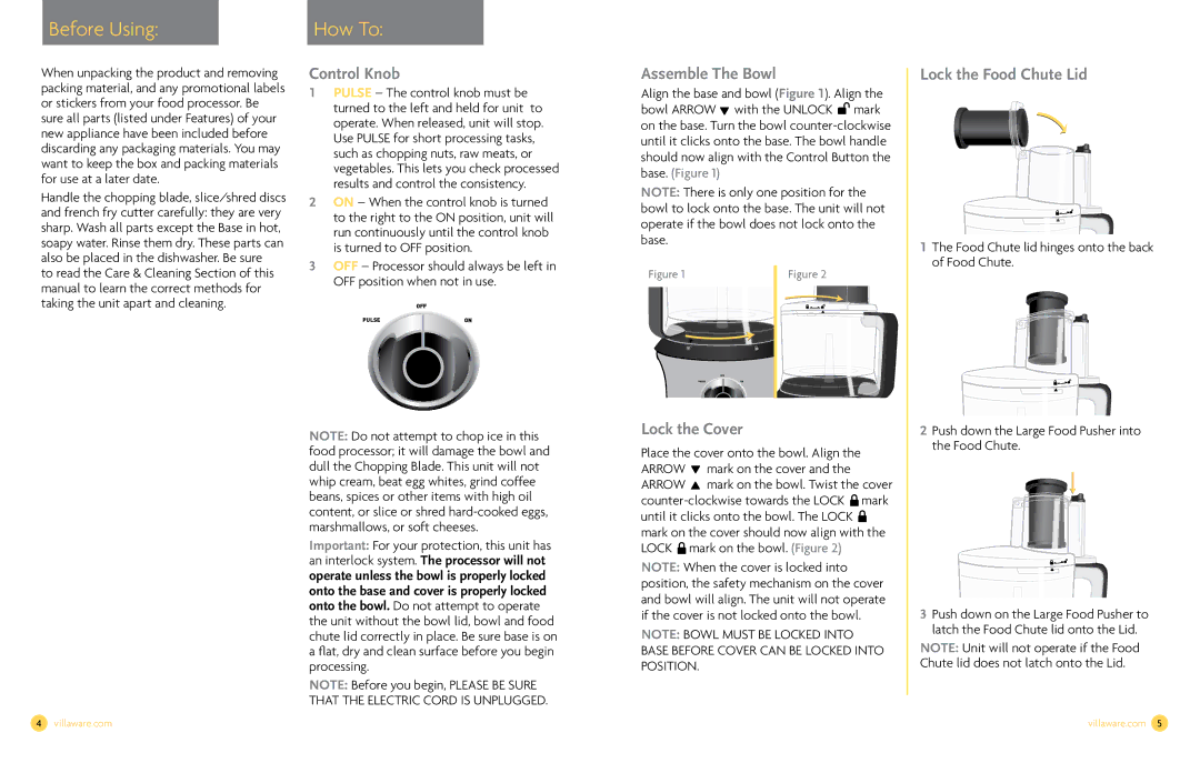 Villaware NDVLFP1000 Before Using How To, Control Knob, Assemble The Bowl, Lock the Cover, Lock the Food Chute Lid 