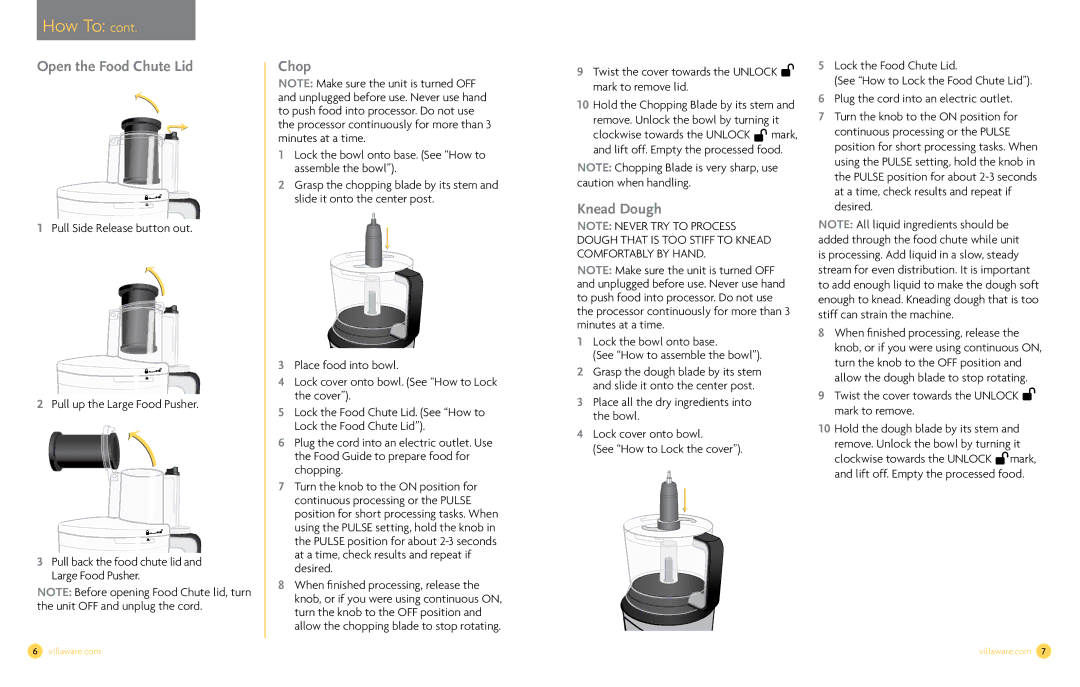 Villaware NDVLFP1000 owner manual Open the Food Chute Lid, Chop, Knead Dough 