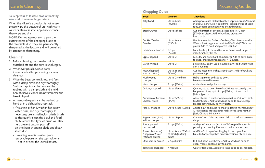 Villaware NDVLFP1000 owner manual Care & Cleaning, Chopping Guide, On the sharp chopping blade and slice/ shred disc 