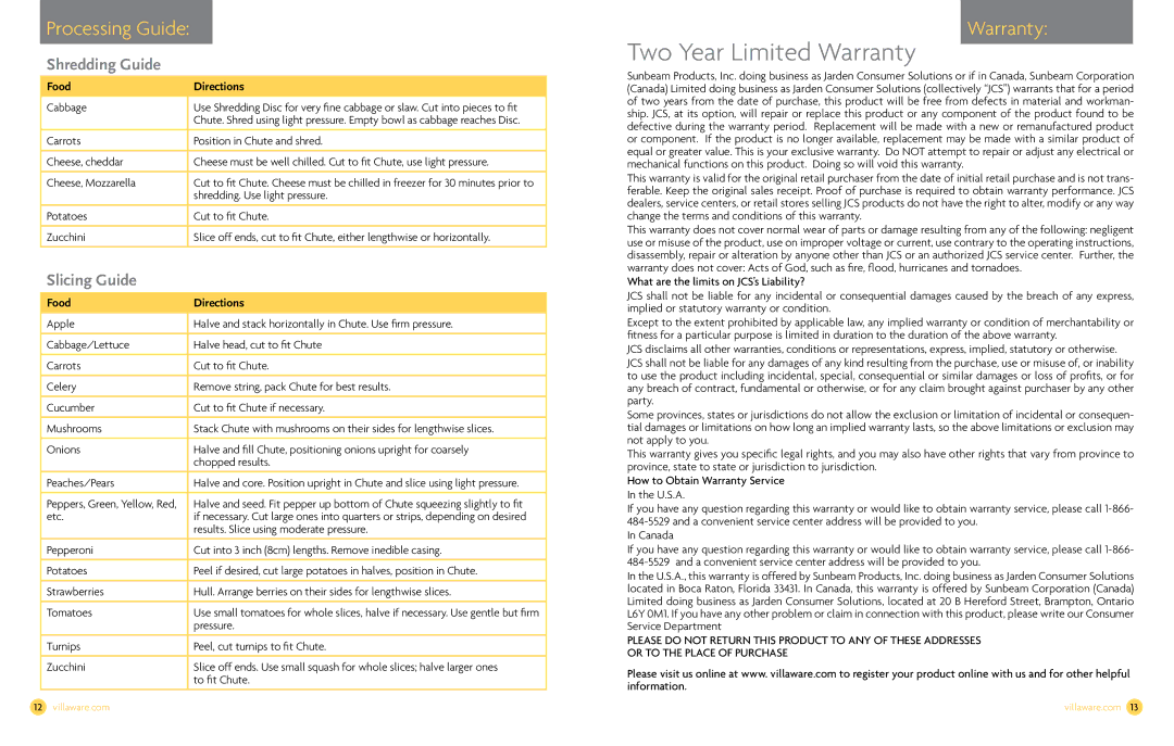 Villaware NDVLFP1000 owner manual Processing Guide, Warranty, Shredding Guide, Slicing Guide 