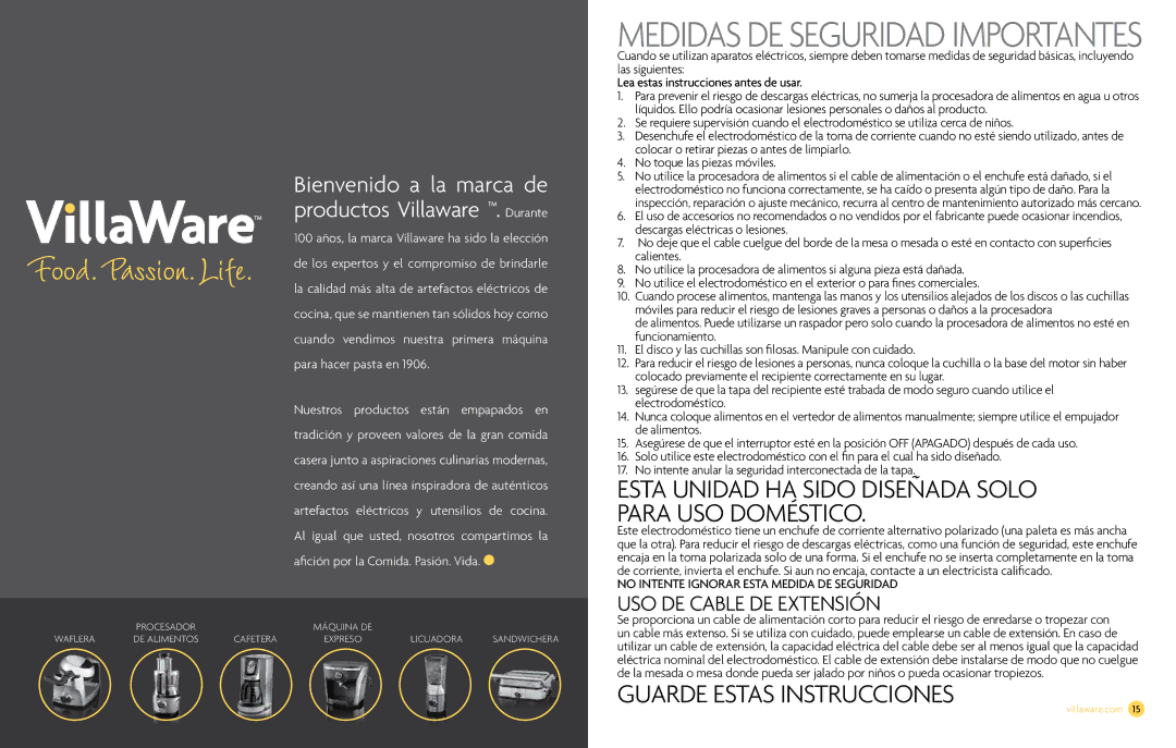 Villaware NDVLFP1000 owner manual Medidas DE Seguridad Importantes 