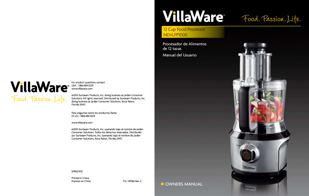 Villaware owner manual Cup Food Processor NDVLFP1000, Procesador de Alimentos de 12 tazas, Manual del Usuario 