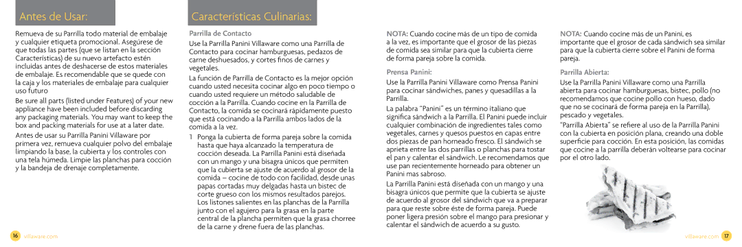 Villaware NDVLPAPFS1 Antes de Usar, Características Culinarias, Parrilla de Contacto, Prensa Panini, Parrilla Abierta 