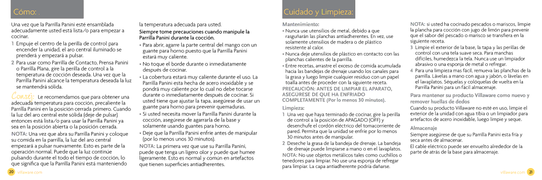 Villaware NDVLPAPFS1 owner manual Cómo, Cuidado y Limpieza, Mantenimiento, Almacenaje 