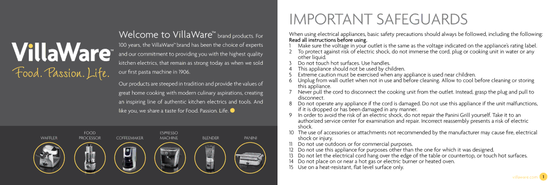 Villaware NDVLPAPFS1 owner manual Important Safeguards 