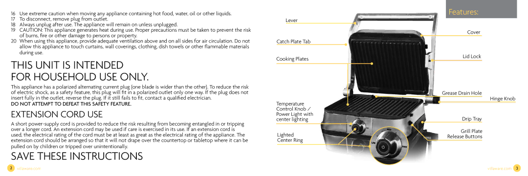 Villaware NDVLPAPFS1 owner manual This unit is intended for household use only, Features 