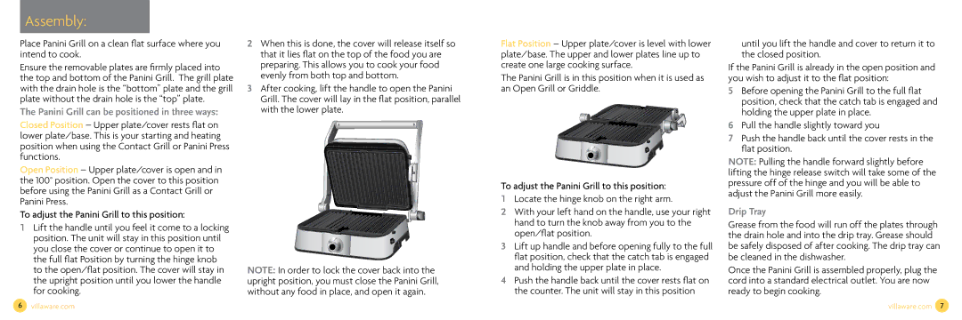 Villaware NDVLPAPFS1 owner manual Assembly, Panini Grill can be positioned in three ways, Drip Tray 