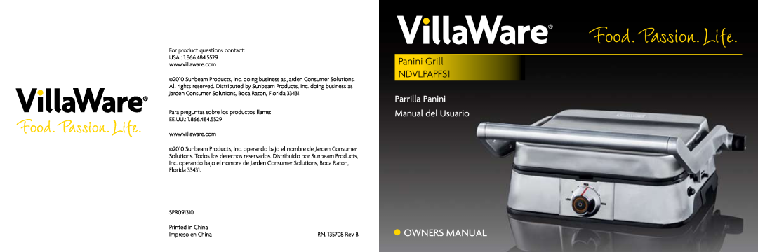 Villaware owner manual Panini Grill NDVLPAPFS1, Parrilla Panini Manual del Usuario 