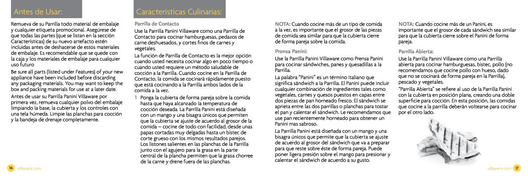 Villaware NDVLPAPFS1 Antes de Usar, Características Culinarias, Parrilla de Contacto, Prensa Panini, Parrilla Abierta 