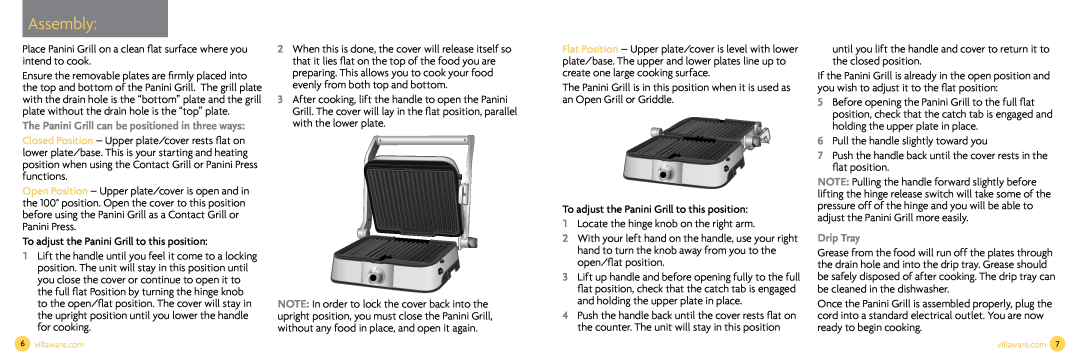 Villaware NDVLPAPFS1 owner manual Assembly, The Panini Grill can be positioned in three ways, Drip Tray 