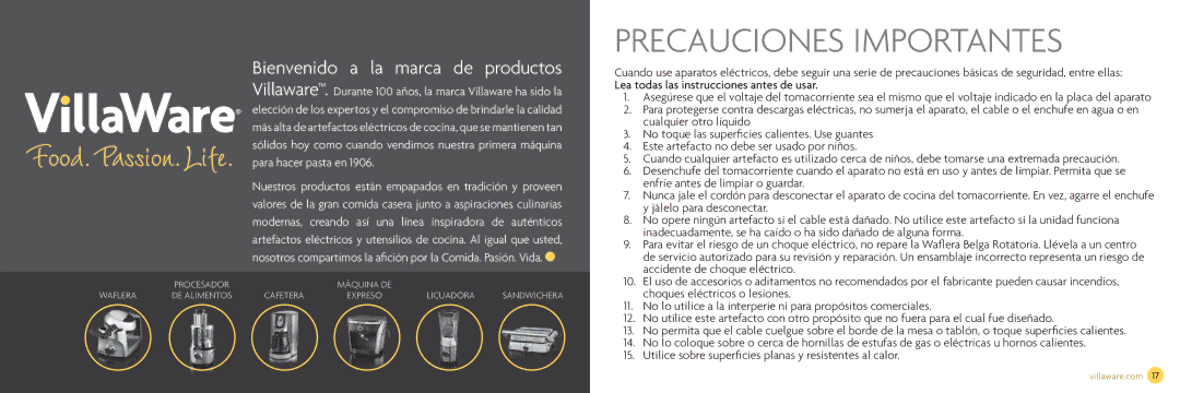 Villaware NDVLWFBFS1 owner manual Precauciones Importantes 