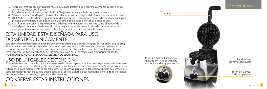 Villaware NDVLWFBFS1 owner manual Esta Unidad Esta Diseñada Para USO Doméstico Únicamente, Mango 