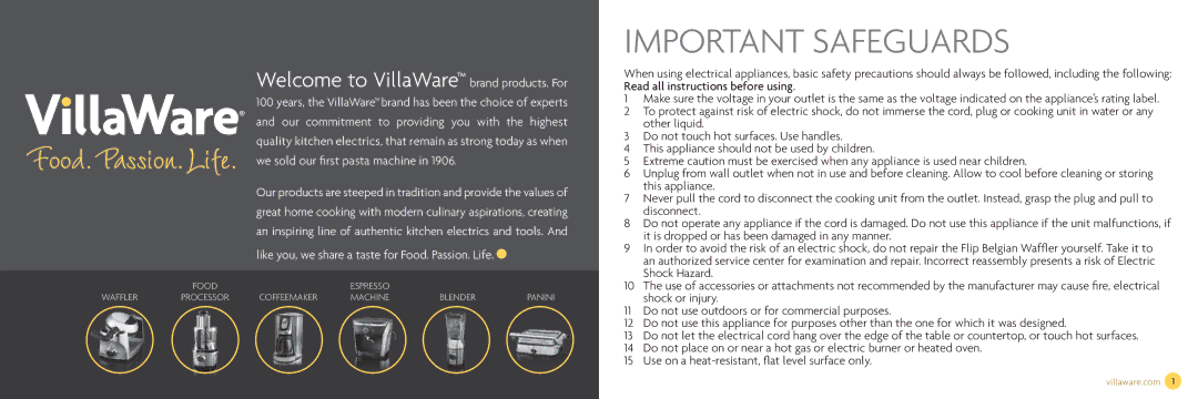 Villaware NDVLWFBFS1 owner manual Important Safeguards 