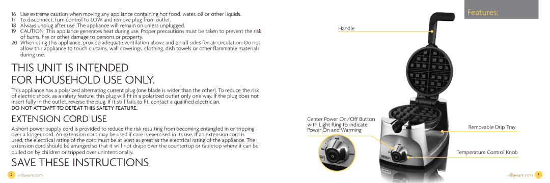 Villaware NDVLWFBFS1 owner manual Features, Removable Drip Tray Temperature Control Knob 