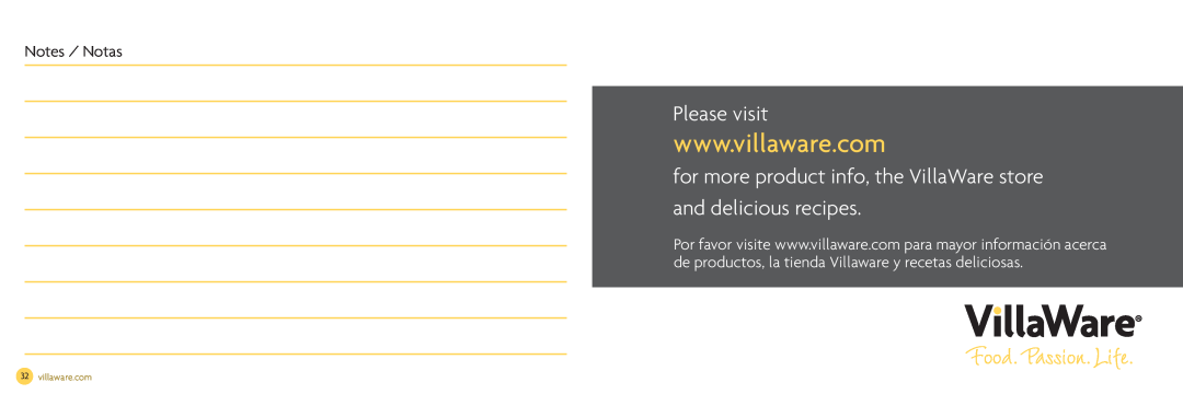 Villaware NDVLWFBFS1 owner manual Please visit, Notes / Notas 