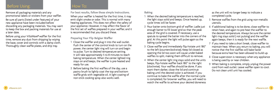 Villaware NDVLWFBFS1 owner manual Before Using, How To, Preparing Your Flip Belgian Waffler, Baking 