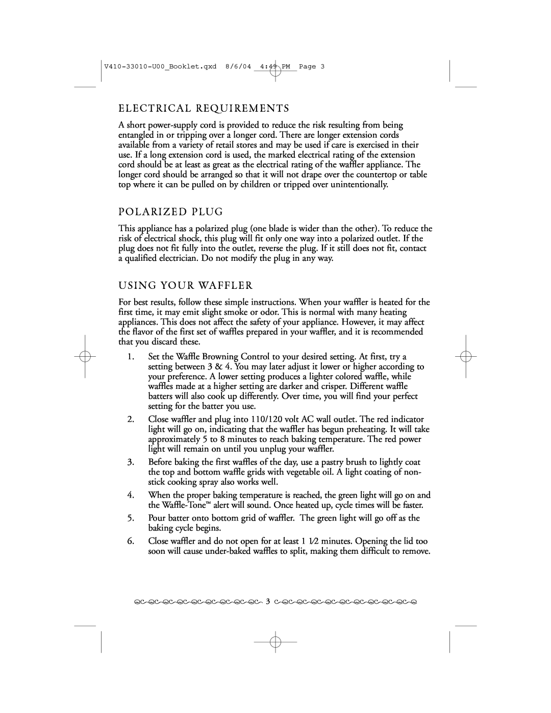 Villaware ROSE BOUQUET WAFFLER manual Elec Trical Requirements 