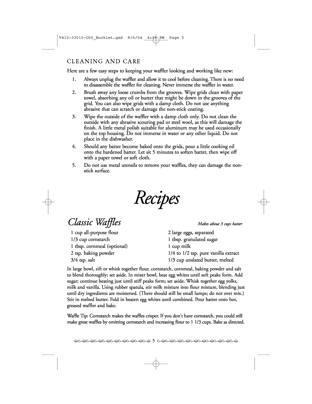 Villaware ROSE BOUQUET WAFFLER manual Classic Waffles, Recipes 