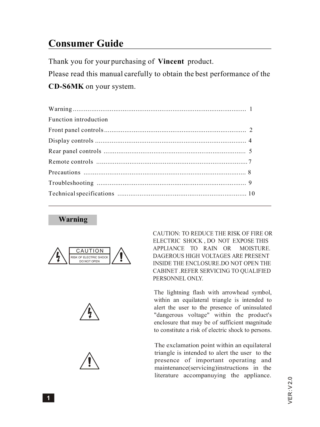 Vincent Audio CD-S6MK operating instructions Consumer Guide 