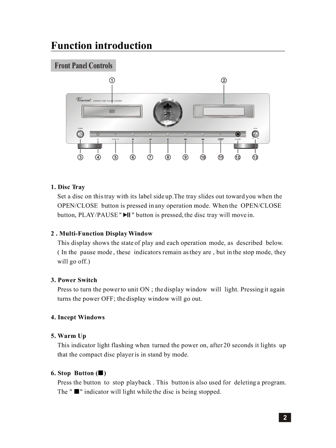 Vincent Audio CD-S6MK operating instructions Front Panel Controls 