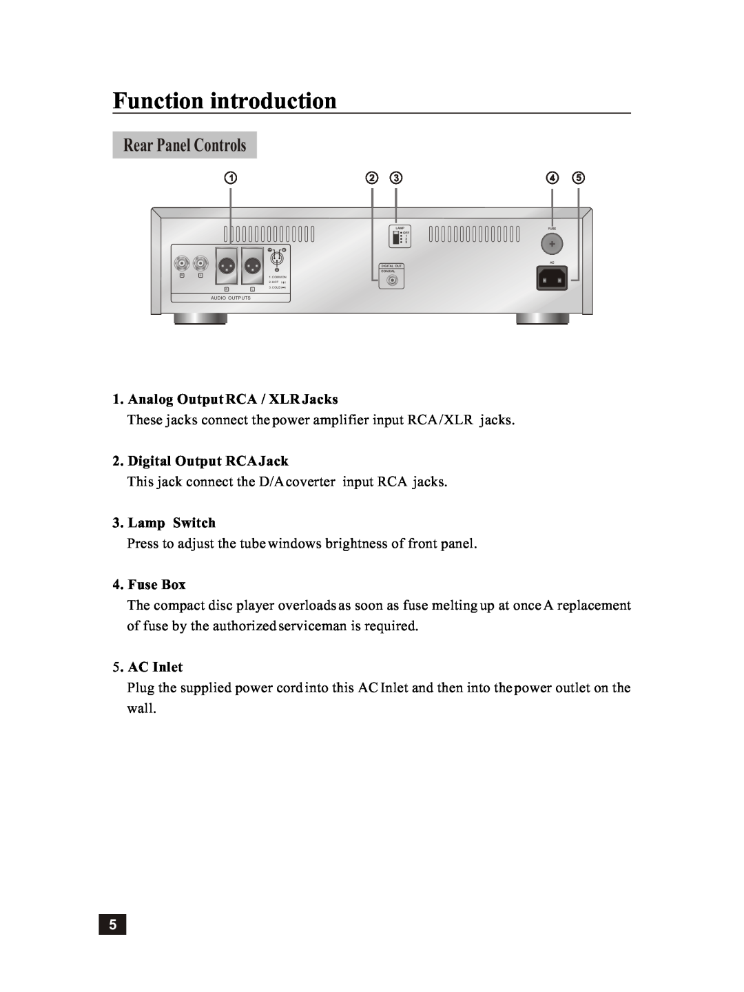Vincent Audio CD-S6MK Rear Panel Controls, Analog Output RCA / XLR Jacks, Digital Output RCA Jack, Lamp Switch, Fuse Box 