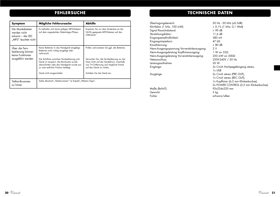 Vincent Audio SA-96 manuel dutilisation Technische Daten 