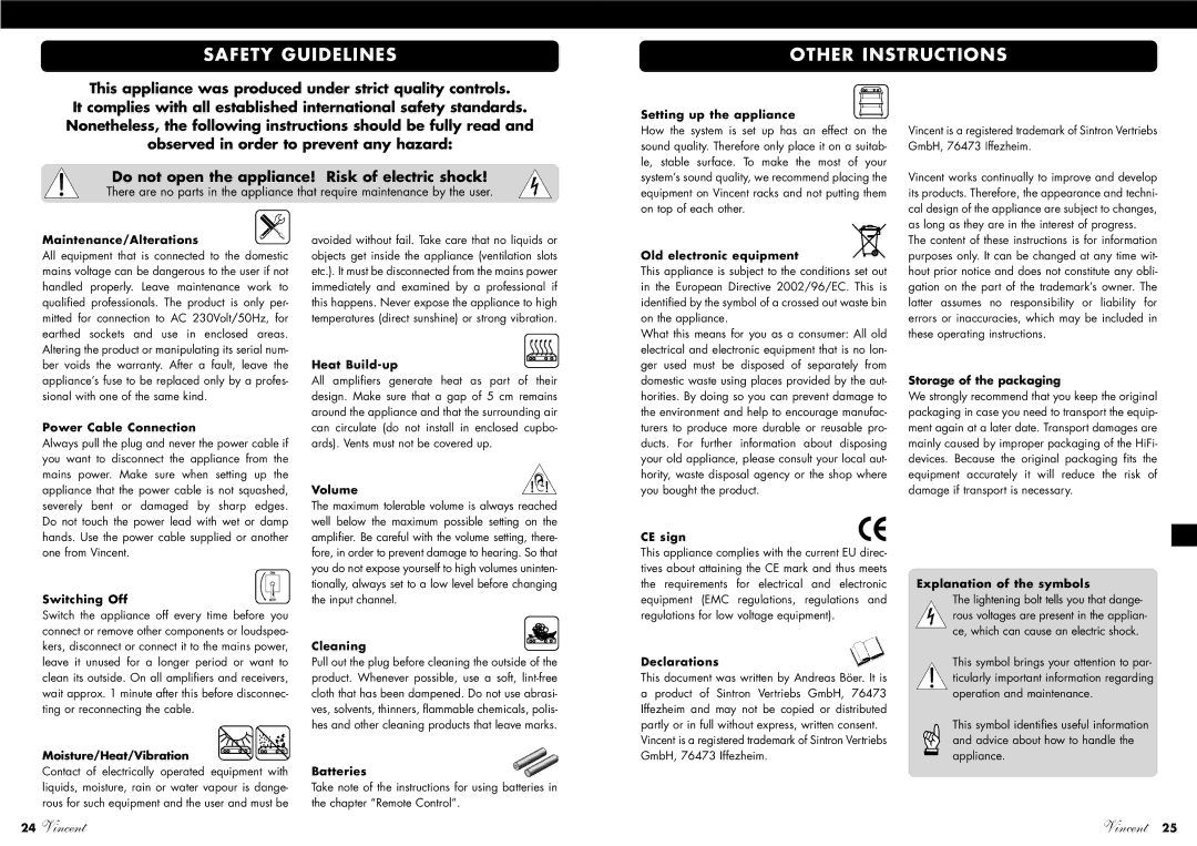 Vincent Audio SA-96 manuel dutilisation Safety Guidelines, Other Instructions 