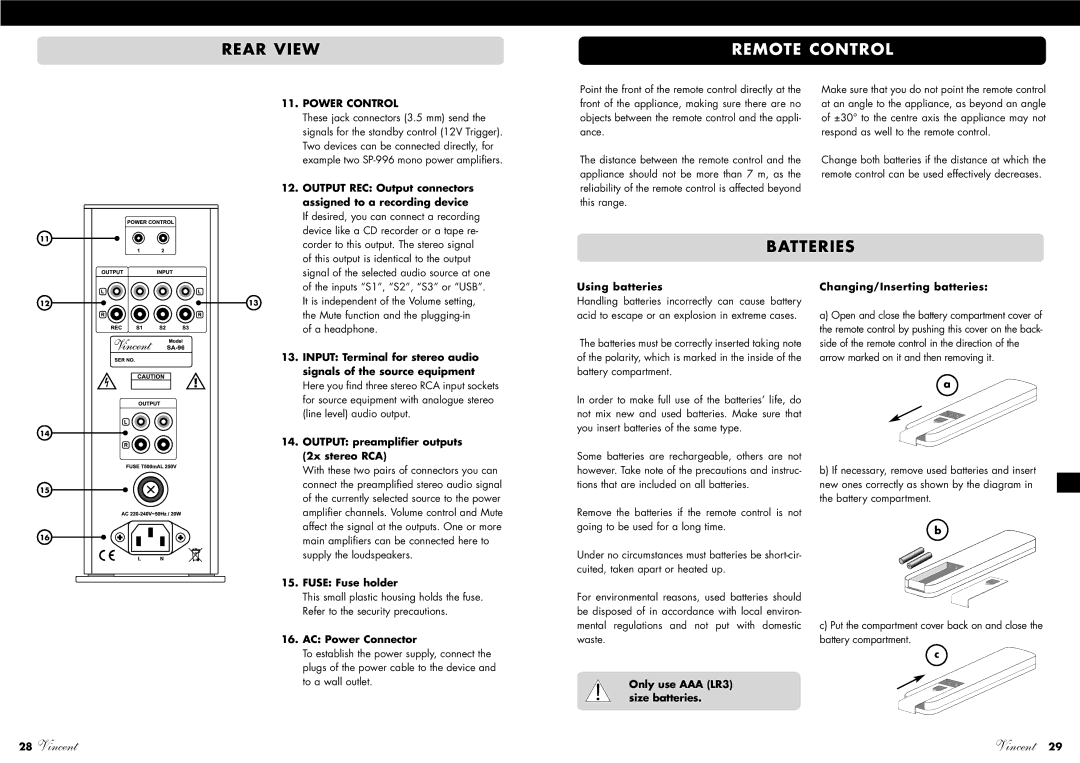Vincent Audio SA-96 manuel dutilisation Rear View, Remote Control, Batteries, Power Control 