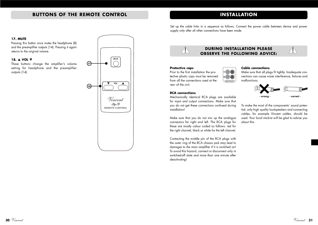 Vincent Audio SA-96 Buttons of the Remote Control, VOL These buttons change the amplifier’s volume, Protective caps 