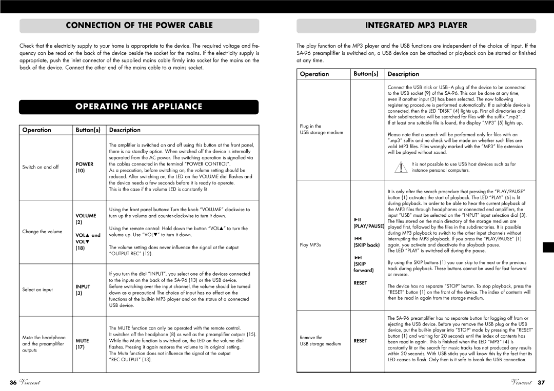 Vincent Audio SA-96 manuel dutilisation Operating the Appliance, Connection of the Power Cable, Integrated MP3 Player 