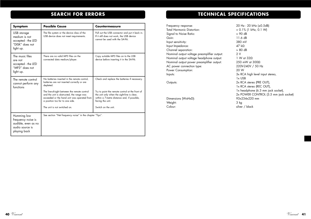 Vincent Audio SA-96 manuel dutilisation Technical Specifications 