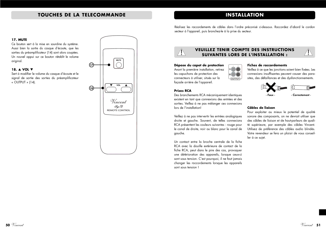 Vincent Audio SA-96 Touches DE LA Telecommande, Dépose du capot de protection, Prises RCA, Fiches de raccordements 