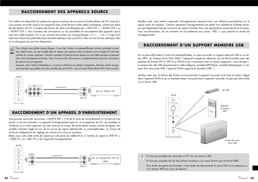 Vincent Audio SA-96 manuel dutilisation Raccordement DES Appareils Source, Raccordement D’UN Appareil D’ENREGISTREMENT 