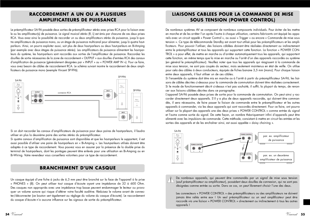 Vincent Audio SA-96 Raccordement a UN OU a Plusieurs Amplificateurs DE Puissance, Branchement DUN Casque 