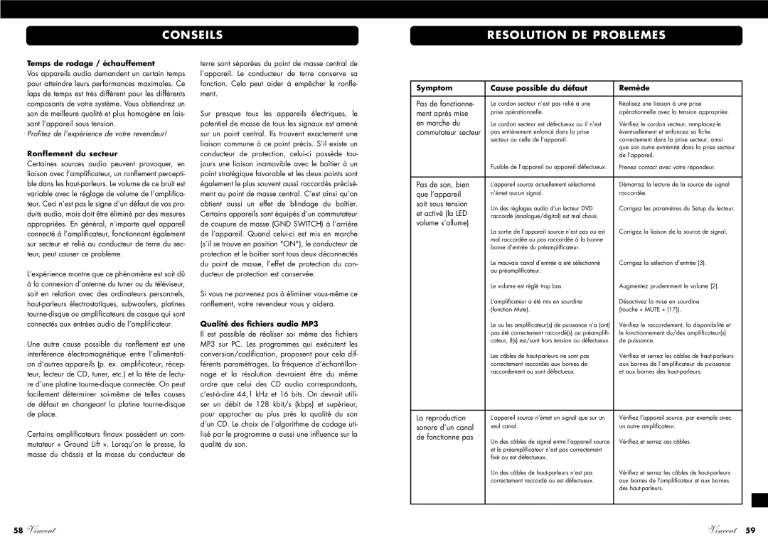 Vincent Audio SA-96 Conseils Resolution DE Problemes, Temps de rodage / échauffement, Ronflement du secteur 