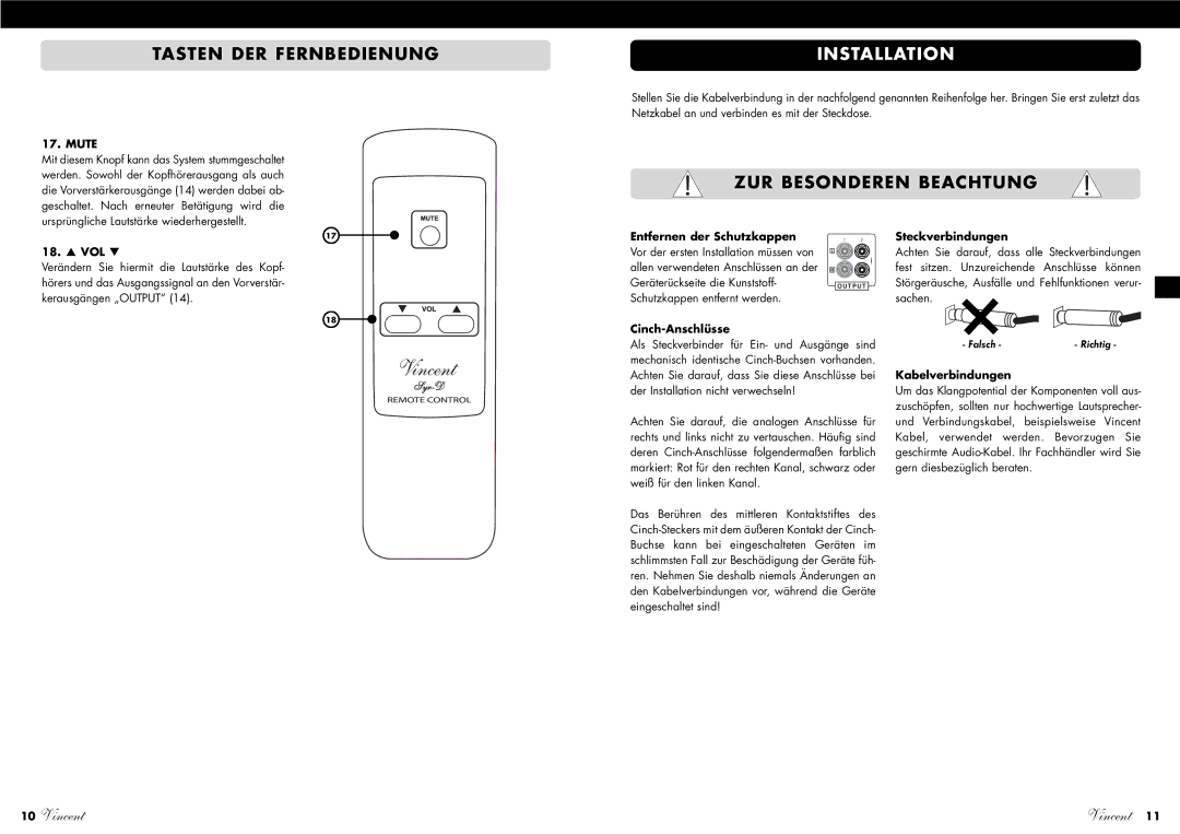 Vincent Audio SA-96 manuel dutilisation Tasten DER Fernbedienung, Installation, ZUR Besonderen Beachtung 