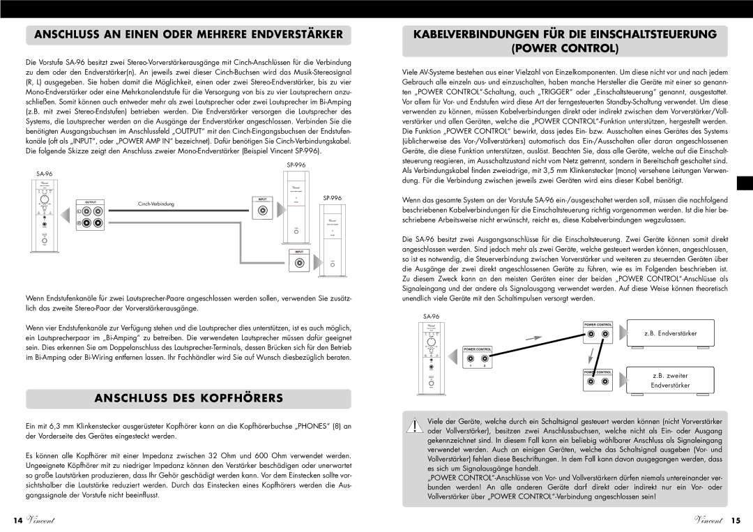 Vincent Audio SA-96 Anschluss DES Kopfhörers, Kabelverbindungen FÜR DIE Einschaltsteuerung Power Control 