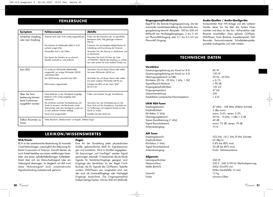 Vincent Audio SV-123 manuel dutilisation Technische Daten, Lexikon/Wissenswertes 