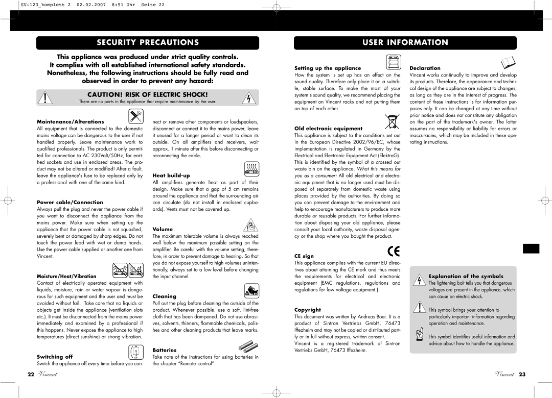 Vincent Audio SV-123 manuel dutilisation Security Precautions, User Information 