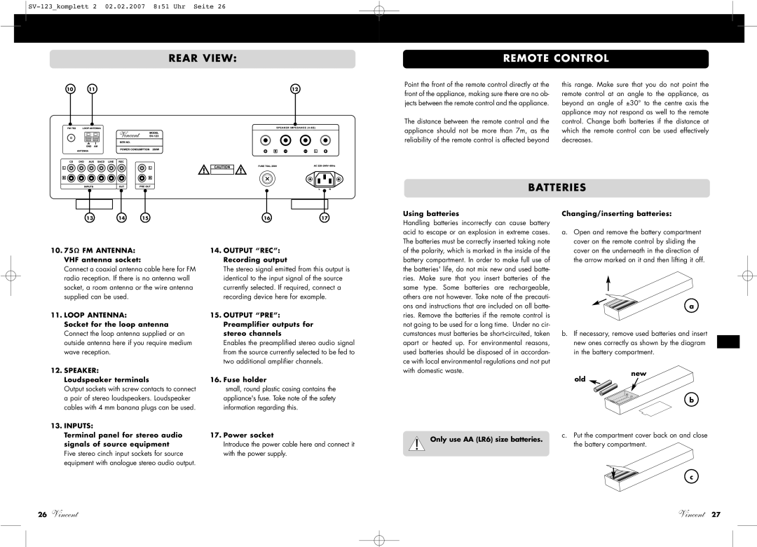 Vincent Audio SV-123 manuel dutilisation Rear View, Remote Control, Batteries, Output REC 