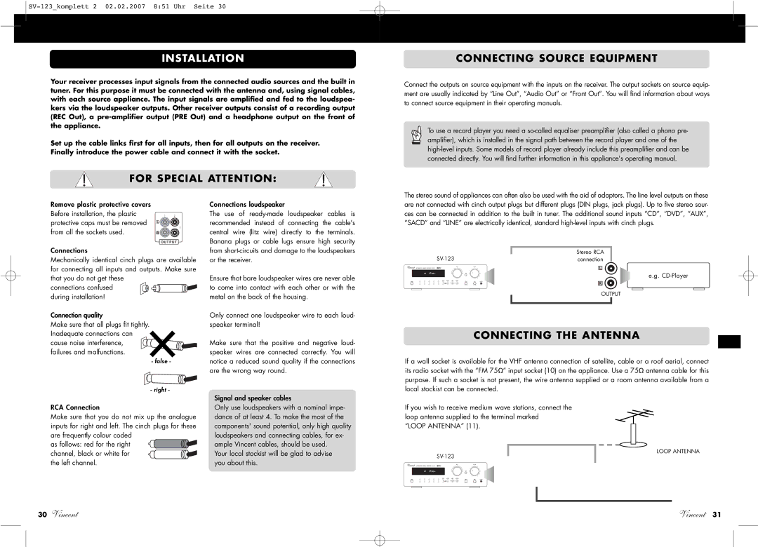 Vincent Audio SV-123 manuel dutilisation For Special Attention Connecting Source Equipment, Connecting the Antenna 