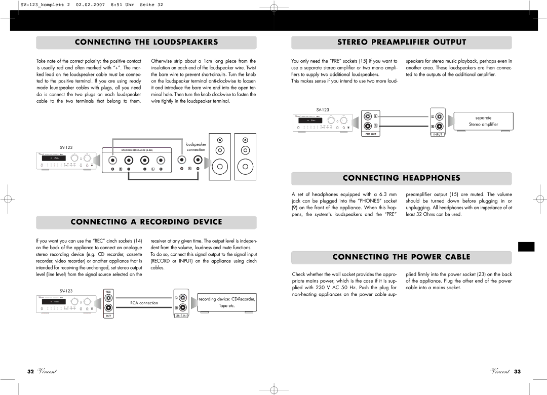 Vincent Audio SV-123 manuel dutilisation Connecting the Loudspeakers Stereo Preamplifier Output, Connecting the Power Cable 