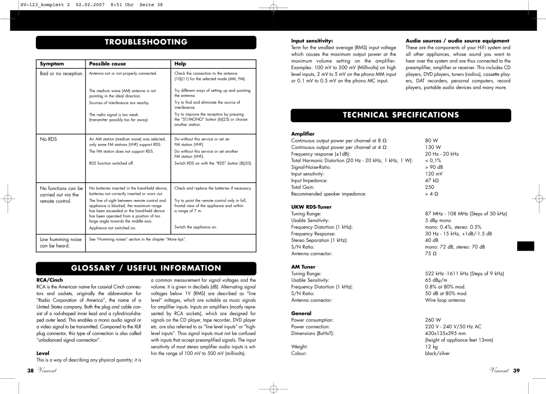 Vincent Audio SV-123 manuel dutilisation Technical Specifications, Glossary / Useful Information 