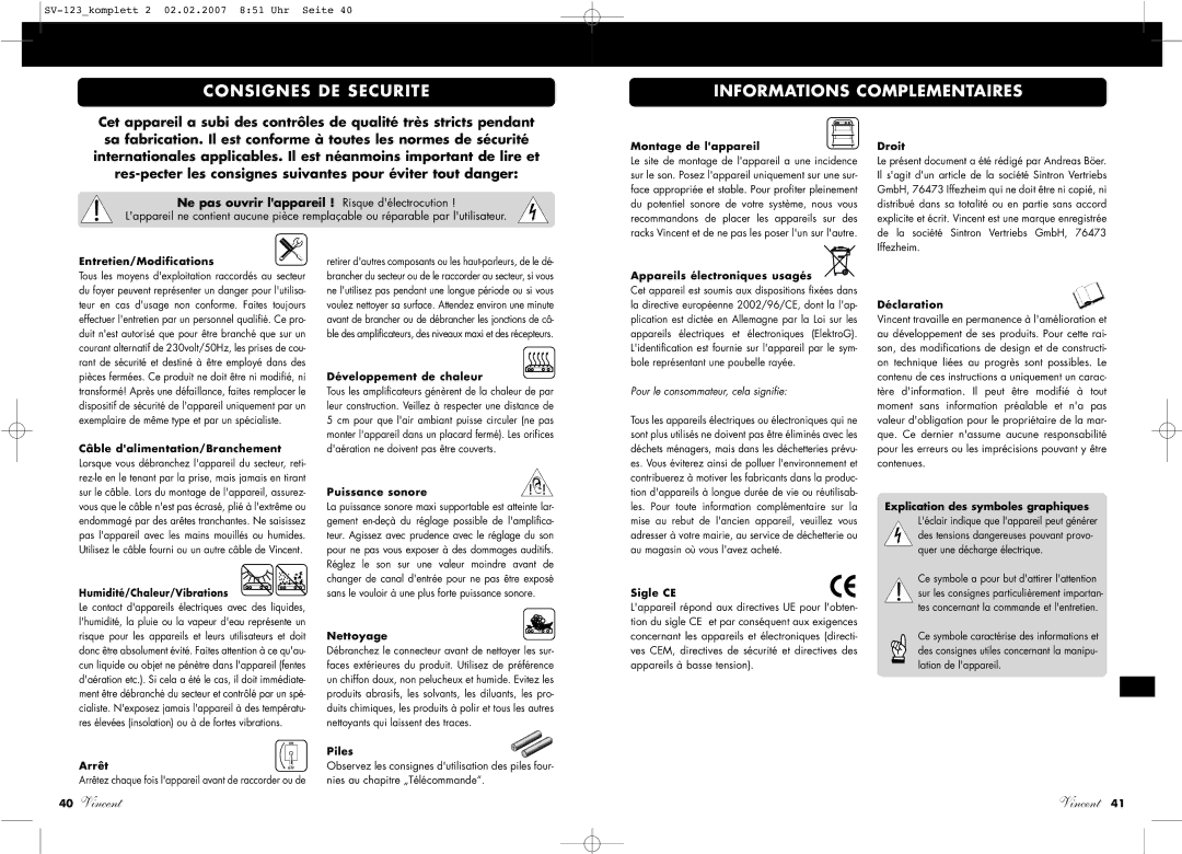 Vincent Audio SV-123 manuel dutilisation Consignes DE Securite Informations Complementaires 