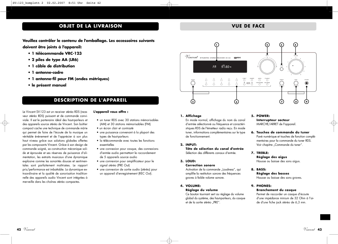 Vincent Audio SV-123 manuel dutilisation Objet DE LA Livraison, Description DE Lappareil, VUE DE Face 