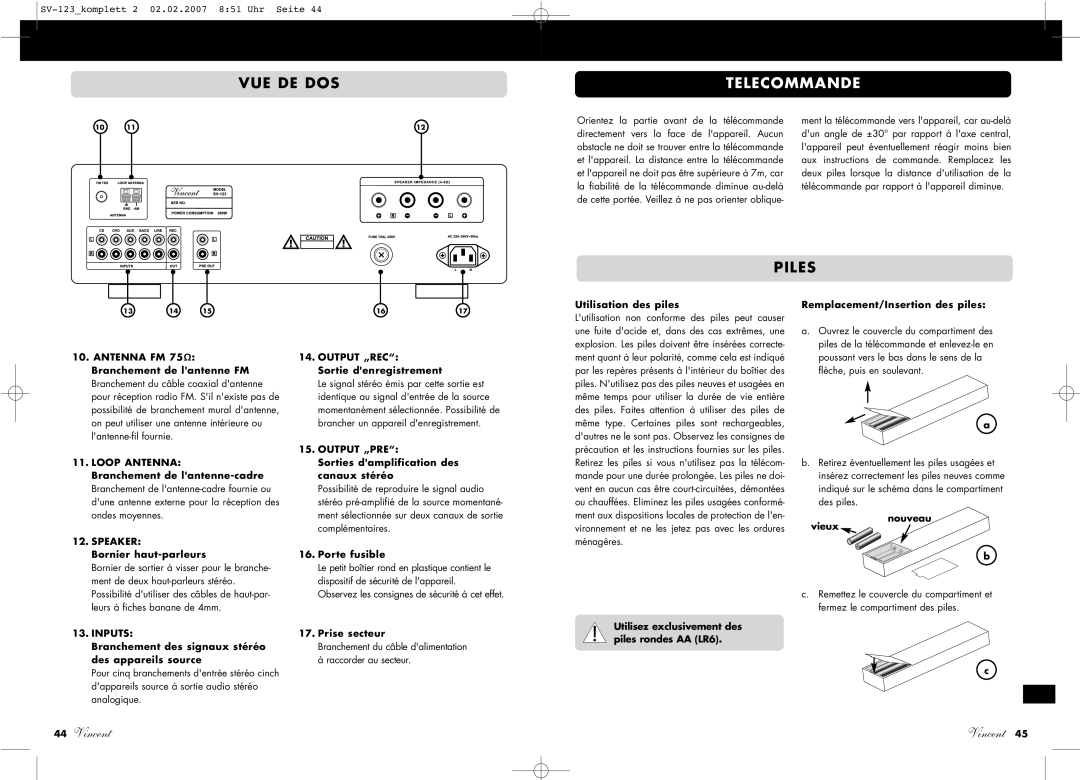 Vincent Audio SV-123 manuel dutilisation Vue De Dos, Telecommande, Piles, Output „PRE 