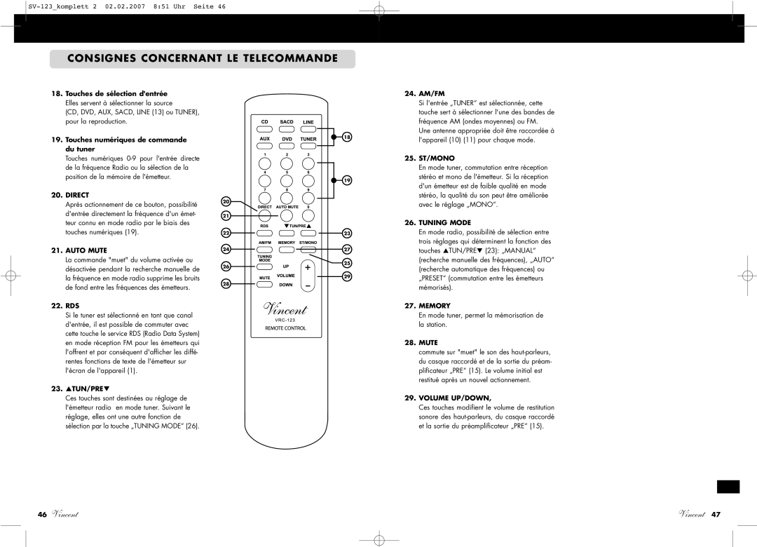 Vincent Audio SV-123 Consignes Concernant LE Telecommande, CD, DVD, AUX, SACD, Line 13 ou TUNER, pour la reproduction 